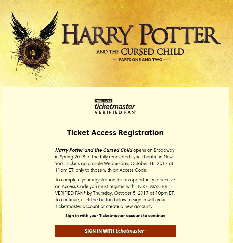 Harry Potter and the Cursed Child on Broadway registration